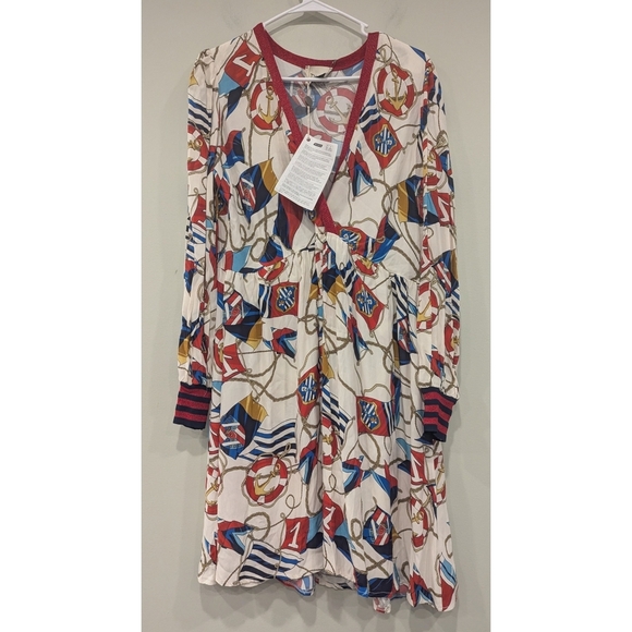 NWT DIXIE Nautical Sailing Print Viscose Long Sleeve Dress Size Medium - Picture 1 of 12
